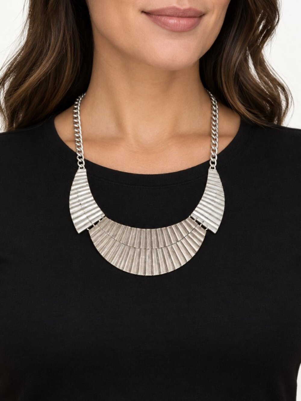 Silver Tone Fluted Fan Bib Collar Necklace 12 Inch Egyptian Revival Statement
